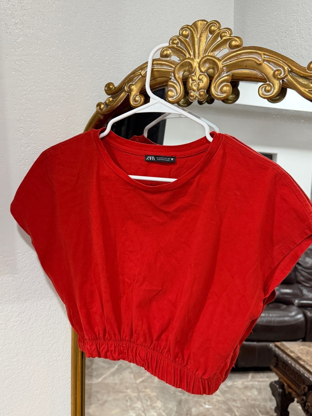 ZARA Bright Red Cropped Tee with Elastic Hem